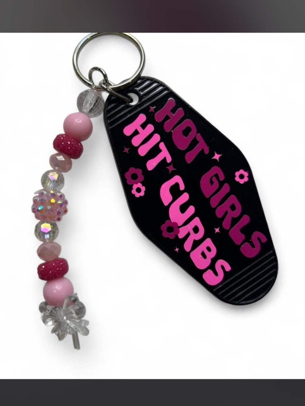 Hot Girls Hit Curbs Pink Retro Motel Keychain with Beaded Charm